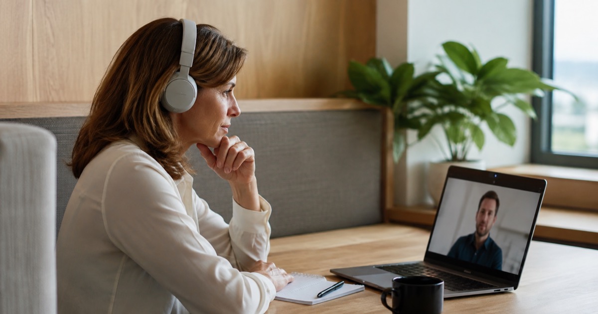 A recruiter listening carefully to a candidate on a video call.
