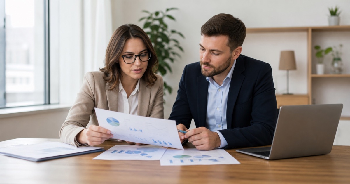 Two recruiting analysts reviewing printed charts together in an office.