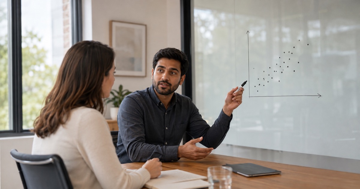 A data scientist explaining a scatterplot on a whiteboard to an interviewer.