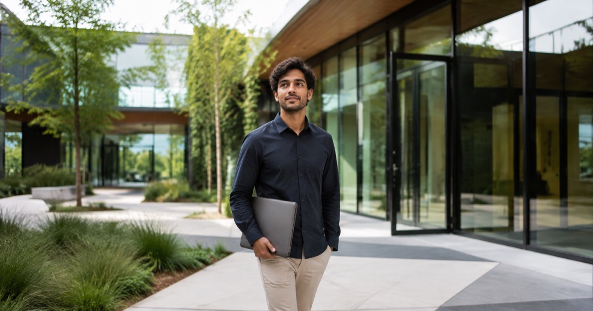 A candidate carrying a laptop sleeve toward a modern office entrance.