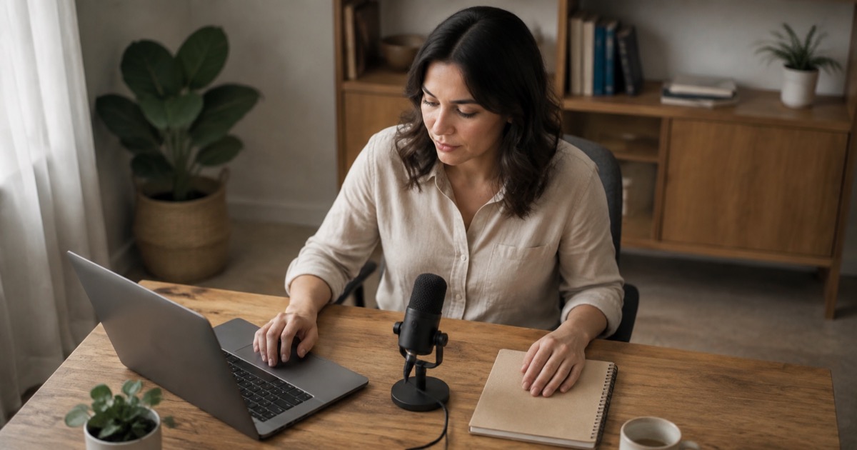 A professional setting up a laptop and desk microphone for an interview.