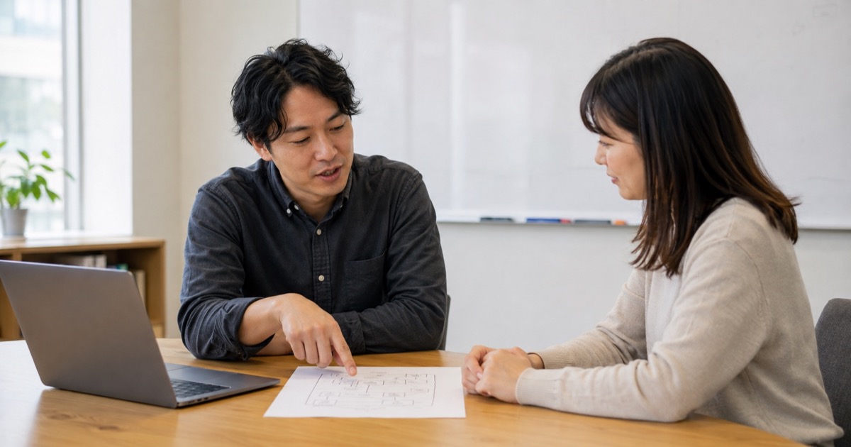 An engineer explaining a project diagram to a colleague at a meeting table.