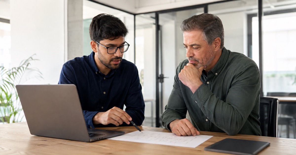 A candidate and engineer discussing a technical problem across a laptop.