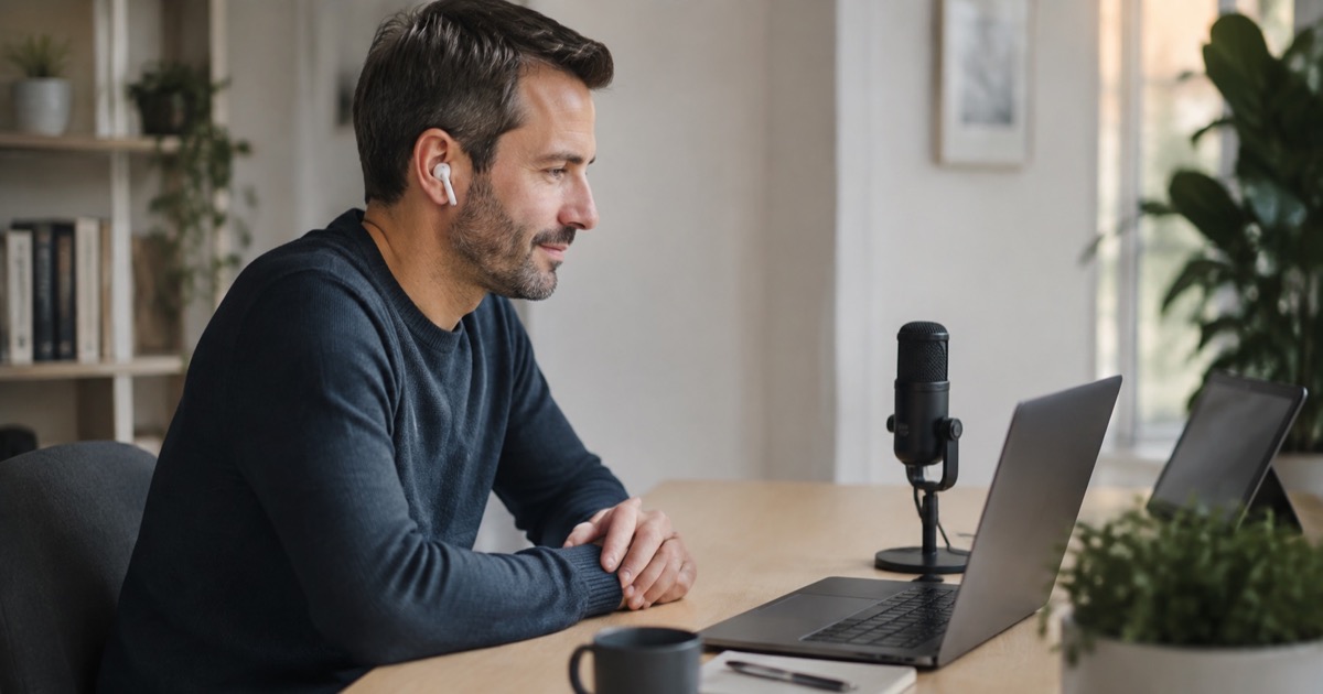 A professional wearing earbuds listening during a video call at his home desk.