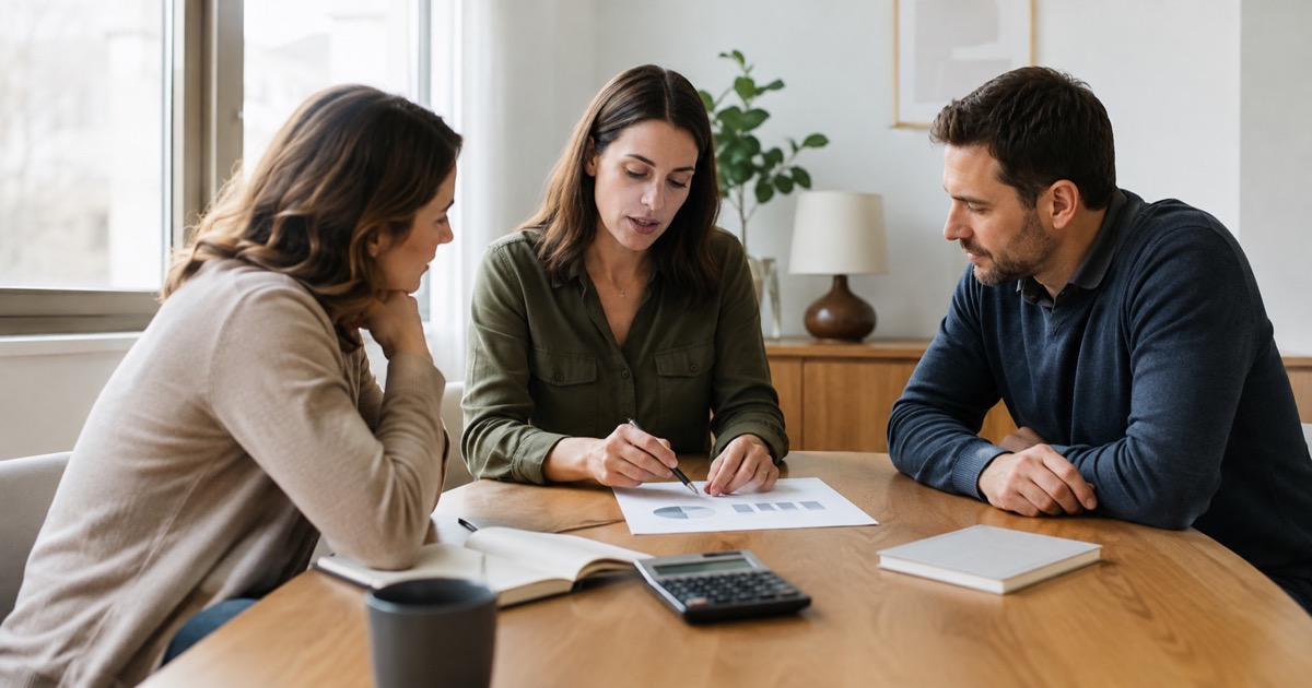 HR colleagues discussing hiring plans and printed charts at a meeting table.