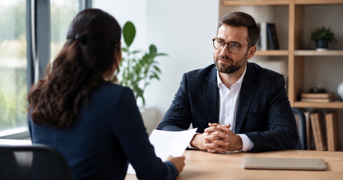A candidate and hiring manager discussing an offer document at a table.