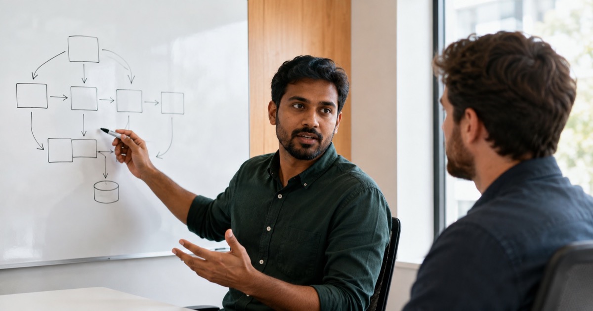 An engineer explaining a system diagram on a whiteboard to an interviewer.
