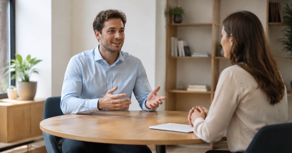 A candidate introducing himself to an interviewer across a round table.