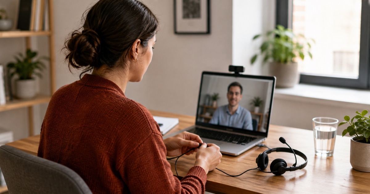 A candidate checking her headset at a home desk before a video interview.