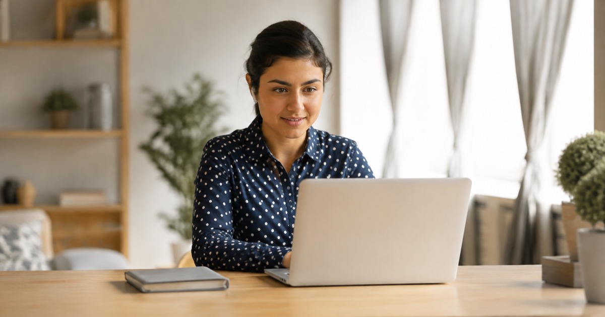 A professional wearing earbuds concentrating on a laptop interview call.
