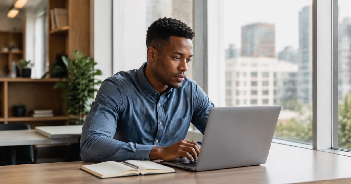 A professional researching a potential employer at a laptop beside an office window.