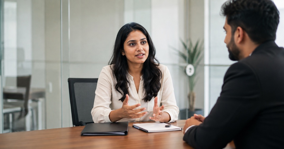 A candidate explaining her experience to an interviewer across a meeting table.